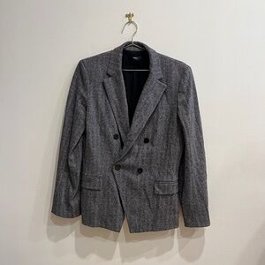 Theory Double Breasted Herringbone Blazer Gray Wool Size 12